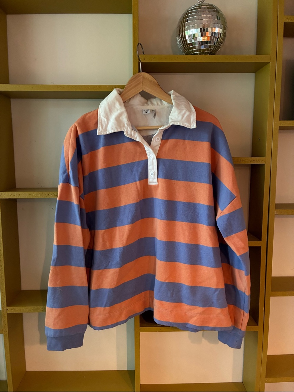 Women’s Orange and Purple Striped Rugby Shirt with White Collar
